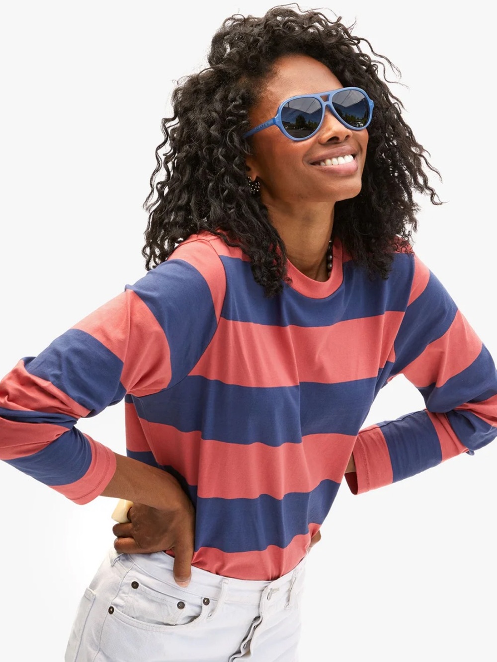 Clare V | Long Sleeve Tee - Vintage Poppy & Navy Rugby Stripe - XS